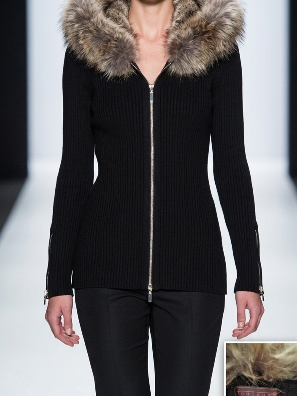 Fontana Black Ribbed Knit Faux Fur Collar Cardigan Jacket Zip Sleeves Longline